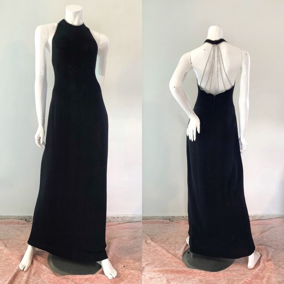 SOLD • VTG 1970’s Black Rhinestones Halter Dress - Picture 2 of 6